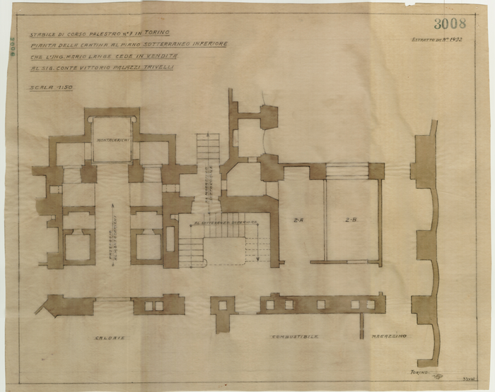 Lange, CASA SIGNORILE DA PIGIONE - PROPRIETA' G. e M. LANGE - Torino, STABILE DI CORSO PALESTRO n° 7 IN TORINO / PIANTA DELLA CANTINA AL PIANO SOTTERRANEO INFERIORE / CHE L'ING. MARIO LANGE CEDE IN VENDITA / AL SIG. CONTE VITTORIO PALAZZI TRIVELLI, 3008,