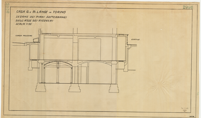 Lange, CASA SIGNORILE DA PIGIONE - PROPRIETA' G. e M. LANGE - Torino, CASA G. e M. LANGE - TORINO / SEZIONE DEI PIANI SOTTERRANEI / SULL'ASSE DEI RICOVERI, 2996, 30 Giugno 1943