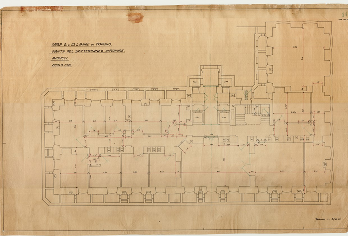 Lange, CASA SIGNORILE DA PIGIONE - PROPRIETA' G. e M. LANGE - Torino, CASA G. e M. LANGE IN TORINO / PIANTA DEL SOTTERRANEO INFERIORE / MURICCI, 1492, 27 Novembre 1914