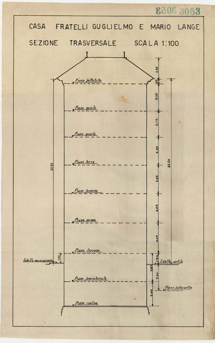 Lange, CASA SIGNORILE DA PIGIONE - PROPRIETA' G. e M. LANGE - Torino, CASA FRATELLI GUGLIELMO E MARIO LANGE / SEZIONE TRASVERSALE, 3053,