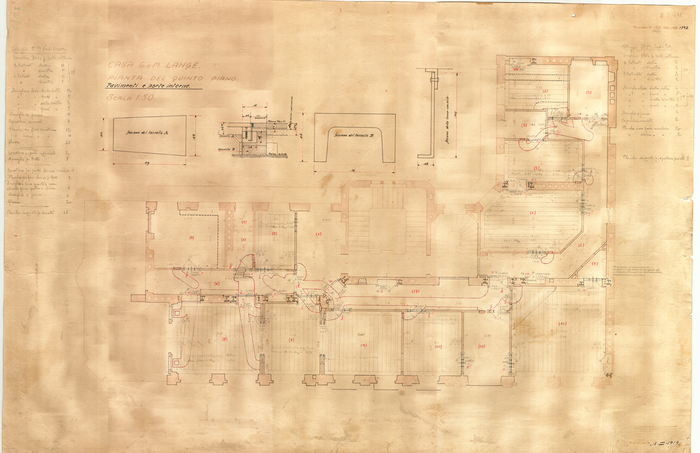 Lange, CASA SIGNORILE DA PIGIONE - PROPRIETA' G. e M. LANGE - Torino, CASA G. e M. LANGE. / PIANTA DEL QUINTO PIANO / PAVIMENTI E PORTE INTERNE, 1740, 18 Marzo 1919