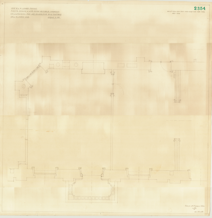 Lange, CASA SIGNORILE DA PIGIONE - PROPRIETA' G. e M. LANGE - Torino, CASA G. e M. LANGE - TORINO / PIANTA CAMERA A 4°. P°. SOPRA VESTIBOLO INGRESSO / CON DISPOSIZIONI PER SUA ANNESSIONE ALLA CONTIGUA / DELL'ALLOGGIO SUD, 2354, 29 Maggio 1930