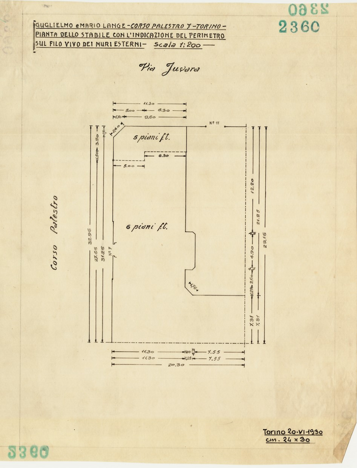 Lange, CASA SIGNORILE DA PIGIONE - PROPRIETA' G. e M. LANGE - Torino, GUGLIELMO e MARIO LANGE - CORSO PALESTRO 7 - TORINO / PIANTA DELLO STABILE CON L'INDICAZIONE DEL PERIMETRO / SUL FILO VIVO DEI MURI ESTERNI, 2360, 20 Giugno 1930