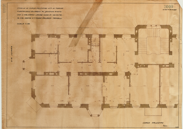 Lange, CASA SIGNORILE DA PIGIONE - PROPRIETA' G. e M. LANGE - Torino, STABILE DI CORSO PALESTRO n° 7 IN TORINO / PIANTA DELL'ALLOGGIO AL SECONDO PIANO / CHE L'ING. MARIO LANGE CEDE IN VENDITA / AL SIG. CONTE VITTORIO PALAZZI TRIVELLI, 3009,