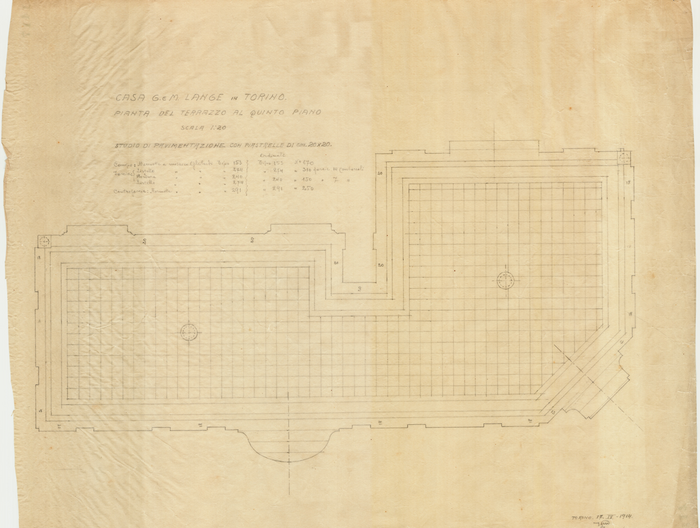 Lange, CASA SIGNORILE DA PIGIONE - PROPRIETA' G. e M. LANGE - Torino, CASA G.e M. LANGE / DETTAGLI DEI CONDOTTI DI SCARICO / PER IL TERRAZZO AL QUINTO PIANO, 1417, 17 Gennaio 1914