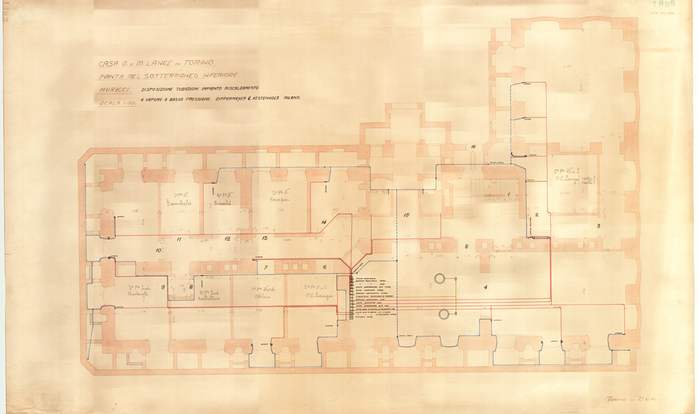 Lange, CASA SIGNORILE DA PIGIONE - PROPRIETA' G. e M. LANGE - Torino, CASA G. e M. LANGE IN TORINO / PIANTA DEL SOTTERRANEO INFERIORE / MURICCI, 1898, 4 Novembre 1914