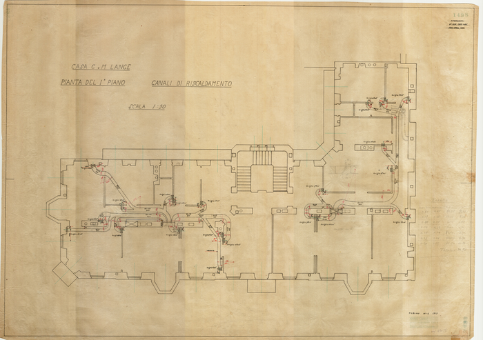 Lange, CASA SIGNORILE DA PIGIONE - PROPRIETA' G. e M. LANGE - Torino, CASA G. e M. LANGE / PIANTA DEL I° PIANO / CANALI DI RISCALDAMENTO, 1498, 4 Gennaio 1915