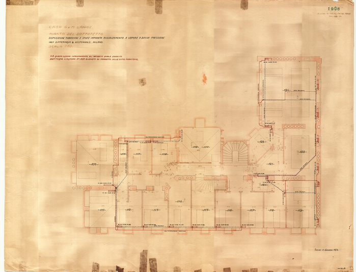 Lange, CASA SIGNORILE DA PIGIONE - PROPRIETA' G. e M. LANGE - Torino, CASA G. e M. LANGE / PIANTA DEL SOTTOTETTO / DISPOSIZIONE TUBAZIONI E STUFE IMPIANTO RISCALDAMENTO A VAPORE A BASSA PRESSIONE / ING.RI ZIPPERMAYR &amp; KESTENHOLZ. MILANO, 1908, 12 Gennaio 1923