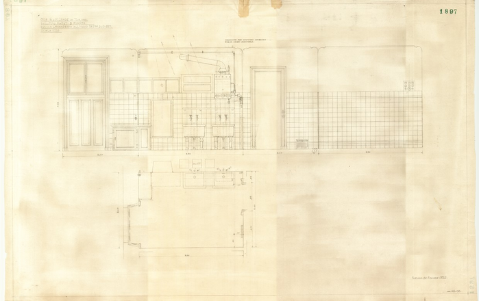 Lange, CASA SIGNORILE DA PIGIONE - PROPRIETA' G. e M. LANGE - Torino, CASA G. e M. LANGE IN TORINO / SVILUPPO PARETI E PIANTA / CUCINA LAVANDERIA ALLOGGIO 5° P° SUD-EST, 1897, 23 Novembre 1922