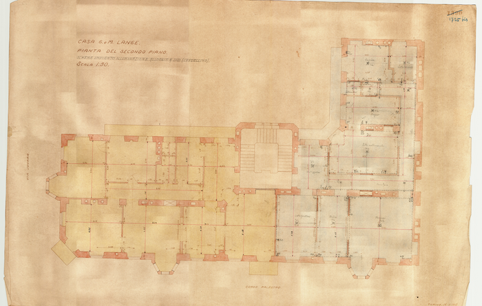 Lange, CASA SIGNORILE DA PIGIONE - PROPRIETA' G. e M. LANGE - Torino, CASA G. e M. LANGE / PIANTA DEL SECONDO PIANO / SCHEMA IMPIANTO ILLUMINAZIONE ALLOGGIO A SUD (CARDELLINO), 1725bis, 16 Maggio 1913