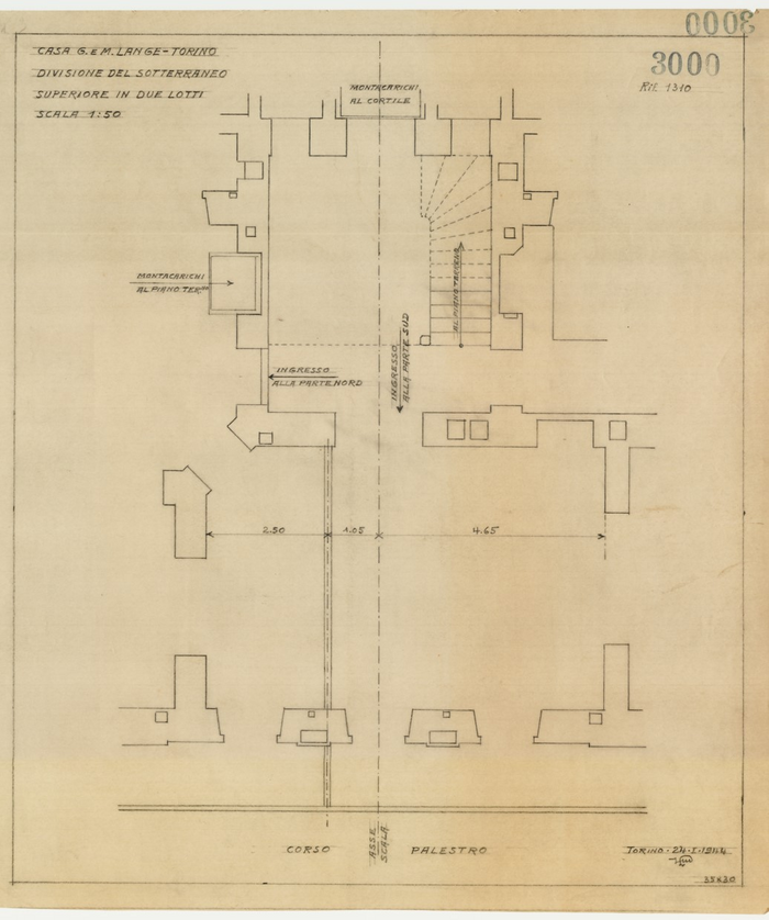 Lange, CASA SIGNORILE DA PIGIONE - PROPRIETA' G. e M. LANGE - Torino, CASA G. e M. LANGE - TORINO / DIVISIONE DEL SOTTERRANEO / SUPERIORE IN DUE LOTTI, 3000, 24 Gennaio 1944