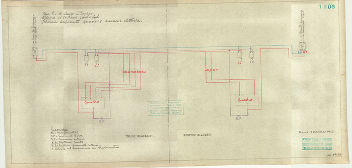 Lange, CASA SIGNORILE DA PIGIONE - PROPRIETA' G. e M. LANGE - Torino, CASA G. e M. LANGE IN TORINO / ALLOGGIO AL 5° PIANO NORD E SUD / SCHEMA IMPIANTO QUADRI E SUONERIE ELETTRICHE, 1903, 5 Dicembre 1922