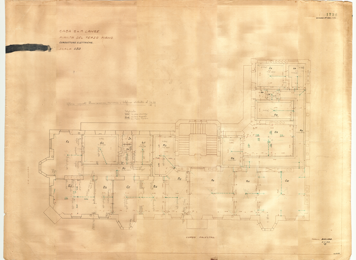 Lange, CASA SIGNORILE DA PIGIONE - PROPRIETA' G. e M. LANGE - Torino, CASA G. e M. LANGE / PIANTA DEL TERZO PIANO / CONDUTTURE ELETTRICHE, 1726, 31 Gennaio 1919