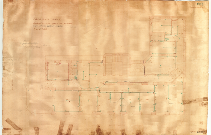 Lange, CASA SIGNORILE DA PIGIONE - PROPRIETA' G. e M. LANGE - Torino, CASA G. e M. LANGE. / PIANTA DEL QUINTO PIANO / SCHEMA IMPIANTI ELETTRICI INTERNI, 1883, 8 Settembre 1922