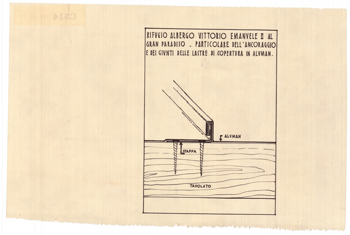 Rifugio albergo Vittorio Emanuele II al Gran Paradiso: assonometria dell'ancoraggio e dei giunti delle lastre di copertura in aluman