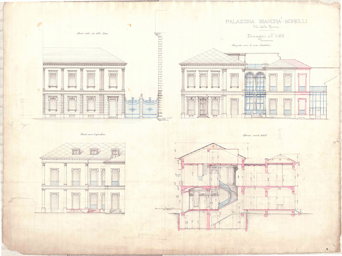 Enrico Petiti, Palazzina Biandrà, prospetti e sezioni, 1880-83