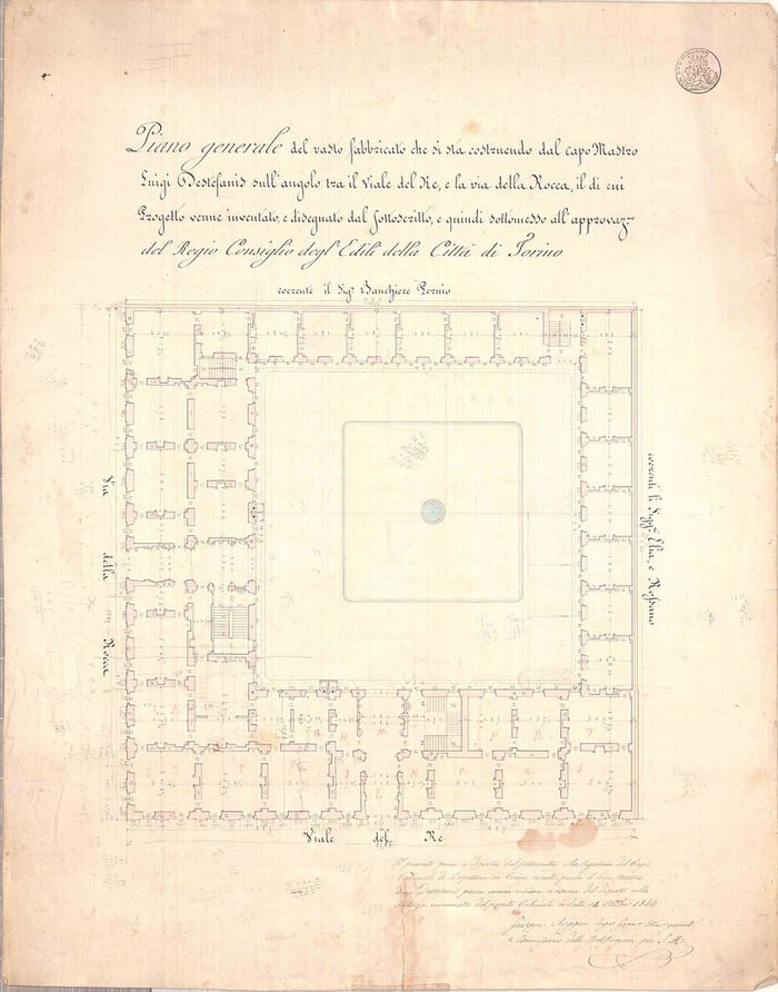 Enrico Petiti, casa tra corso Vittorio Emanuele II e via della Rocca, pianta del piano terra, 1844