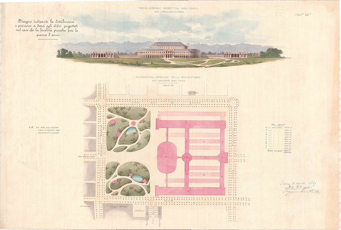 Enrico Petiti, Progetto di edifizi ad uso dell'esposizione in Torino nel 1872, prospetto e planimetria, 1869