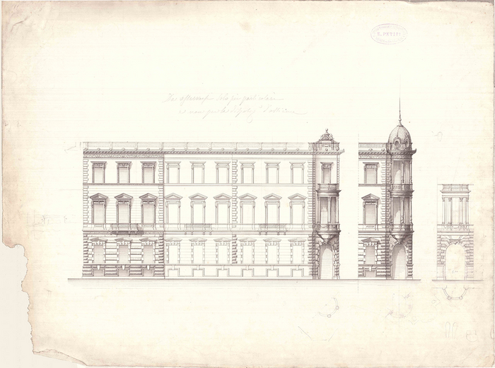 Enrico Petiti, Palazzina Pugliese-Levi, corso Re Umberto/via Stampatori/via Arcivescovado, prospetto, 1883-97