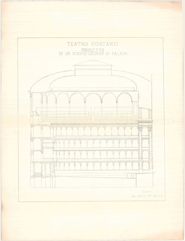 Enrico Petiti, Progetto di un nuovo ordine di palchi del teatro Costanzi, via Firenze/via Torino, Roma, sezione, 1884