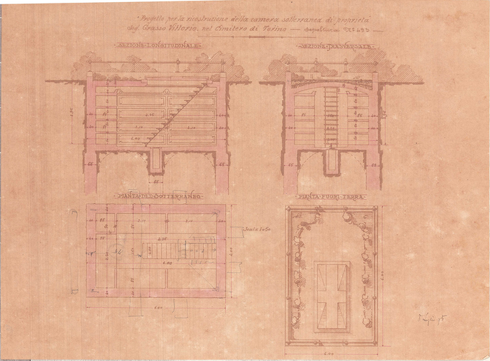 Enrico Petiti, Progetto per la ricostruzione della camera sotterranea di proprietà Sig. Grasso Vittorio, cimitero di Torino, pianta e sezioni, 1895