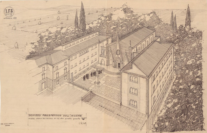 Nino Rosani, Studio prospettico del complesso di edifici religiosi per l'Istituto Figlie della Sapienza, 1948