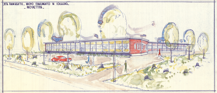 Vista prospettica per lo stabilimento  Vita Farmaceutici a Collegno, 1962