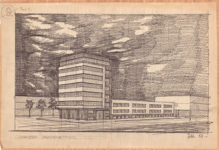 Nino Rosani, Schizzo prospettico di Manifattura Maglierie Torino, 1953 c.