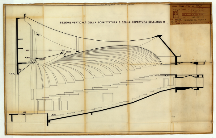 Nuovo Teatro Regio di Torino, sala: plafonatura, calcolo strutturale Felice Bertone, progetto architettonico Carlo Mollino, Marcello Zavelani Rossi, con Carlo Graffi e Alberto Zavelani Rossi, 1970