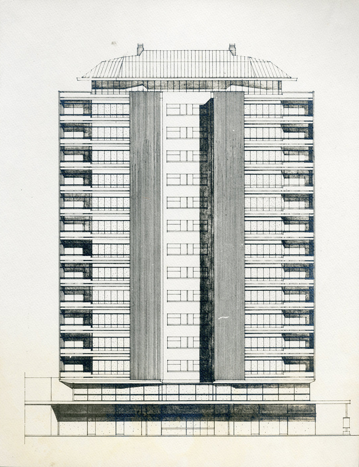Guido Barba Navaretti, Torre di 15 piani in c.so Unione Sovietica 383, Torino, Prospetto, 1961-1962
