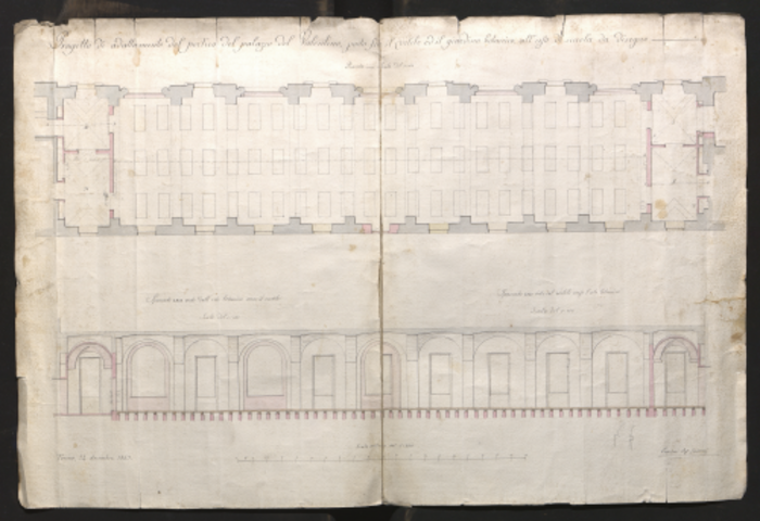 Progetto di adattamento del portico del palazzo del Valentino posto tra il cortile e il giardino botanico, all'uso di scuola da disegno, 1:100