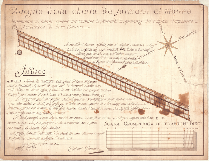 Ciliutti, Disegno della chiusa da formarsi al molino denominato il sottano esistente nel comune di Murialdo di spettanza del cittadino Carpenetto ex feudatario di detto comune, 1803, scala in trabucchi, penna, inchiostri colorati su carta.