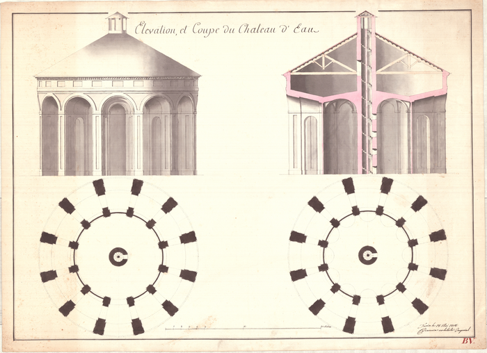 Piacenza, Elevation et coupe de chateu d'eau, 1808