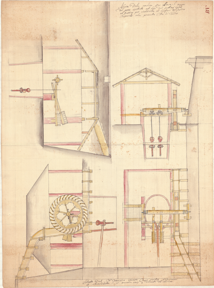 Varetto Domenico,  Aboso de la machina per alsare l'acqua dal posso esistente neli fosi deli Bastioni Verdi del Bassino per ricondurli ali fontani del Giardino Imperiale dela presente Città di Torino, 1807