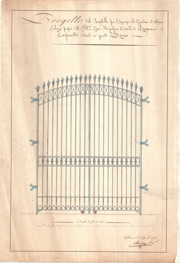 Clerico, Progetto del rastrello per l'ingresso del giardino ed attiguo palazzo propri dellIll.mo Sign. Marchese Cardi di Bagnasco e di Carpenetto situati in questo borgo [Cigliano], 1834, scala grafica, inchiostro su carta.