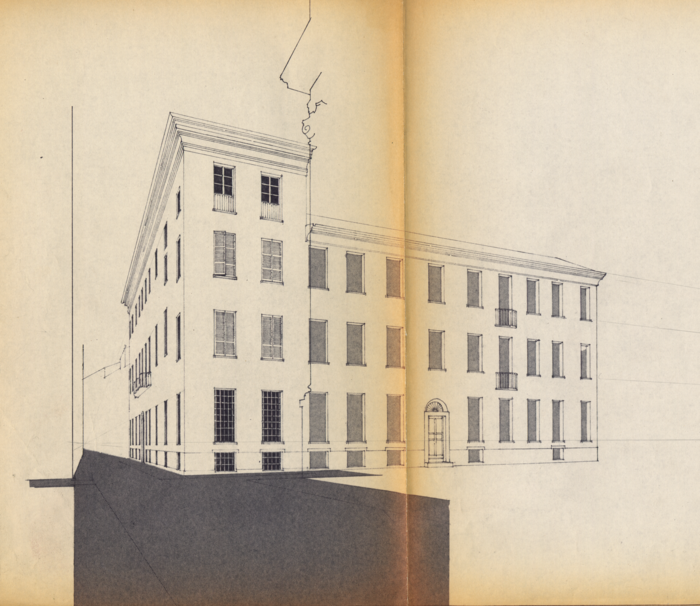 Andrea Bruno, rilievo di palazzo Mazzonis di Pralafera in Torino, vista prospettica, 1970