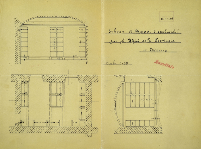 Porcheddu. Palazzo Prefettura, Torino. Pianta e sezioni, 1905.