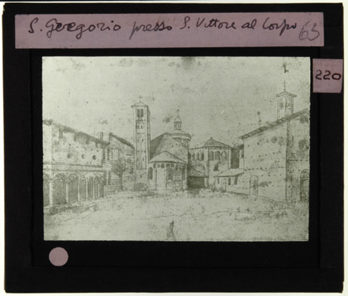 Paolo Verzone, Milano, chiesa di San Vittore al Corpo, esterno, campanile, piazza, disegno