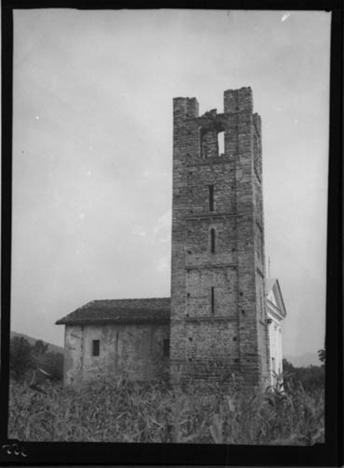 Paolo Verzone, Non identificato, chiesa, esterno, fronte secondario, campanile, rovina